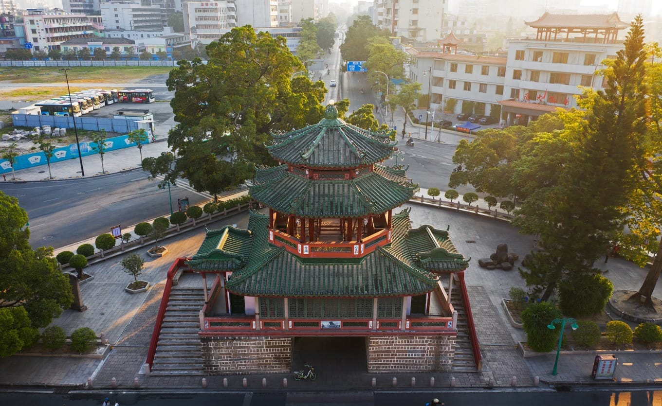 Ancient Jinxian Gate tower with traditional Chinese architecture against morning sky