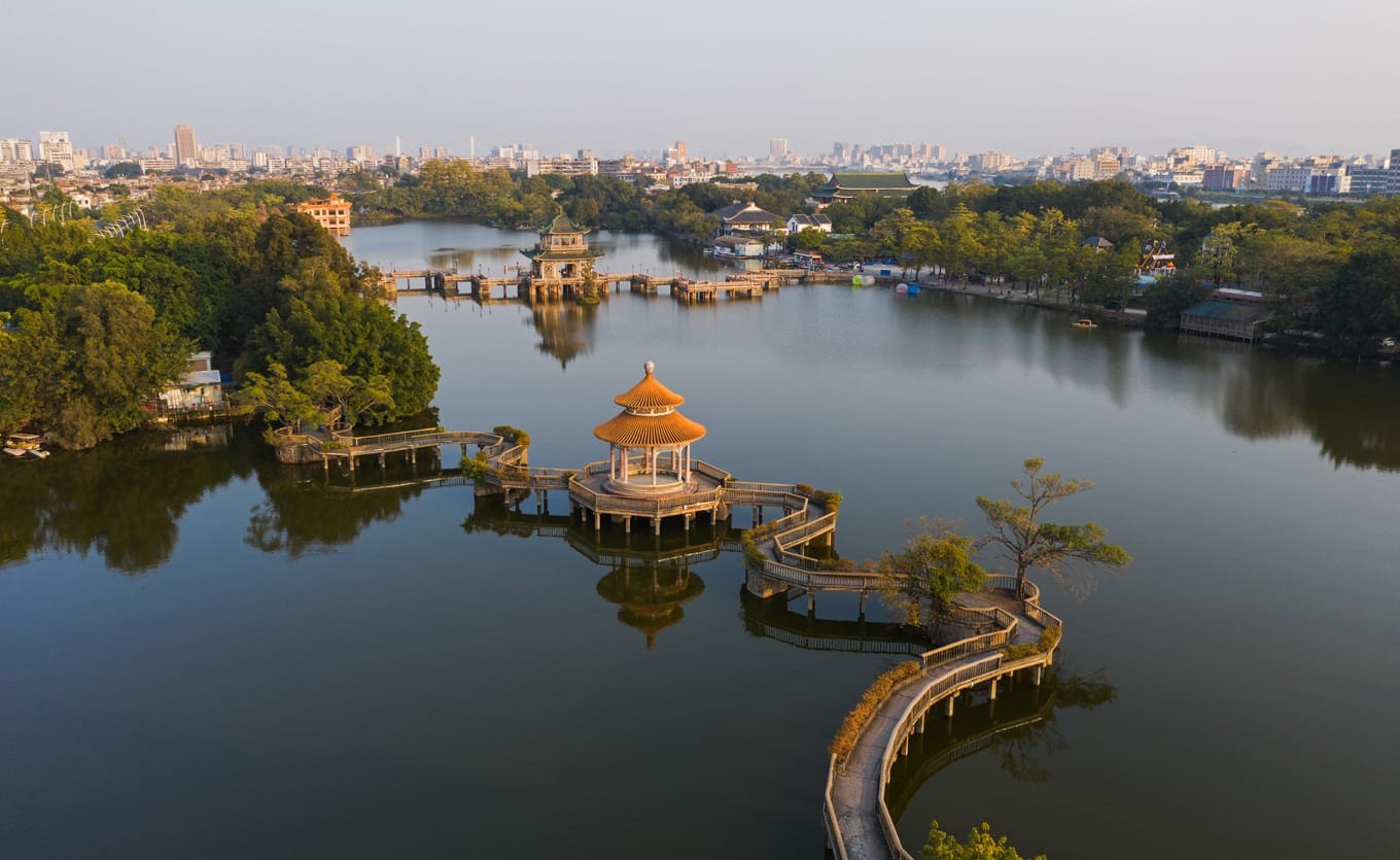 Aerial view of Rongjiang River showing the South and North branch convergence