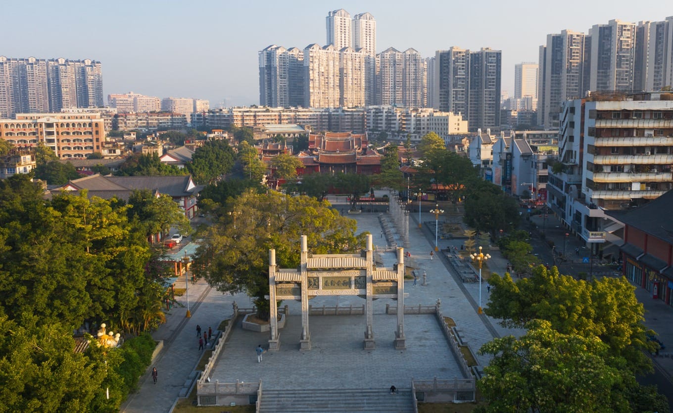 Panoramic view of Jieyang Confucian Temple with traditional vermillion walls and grey tiled roofs