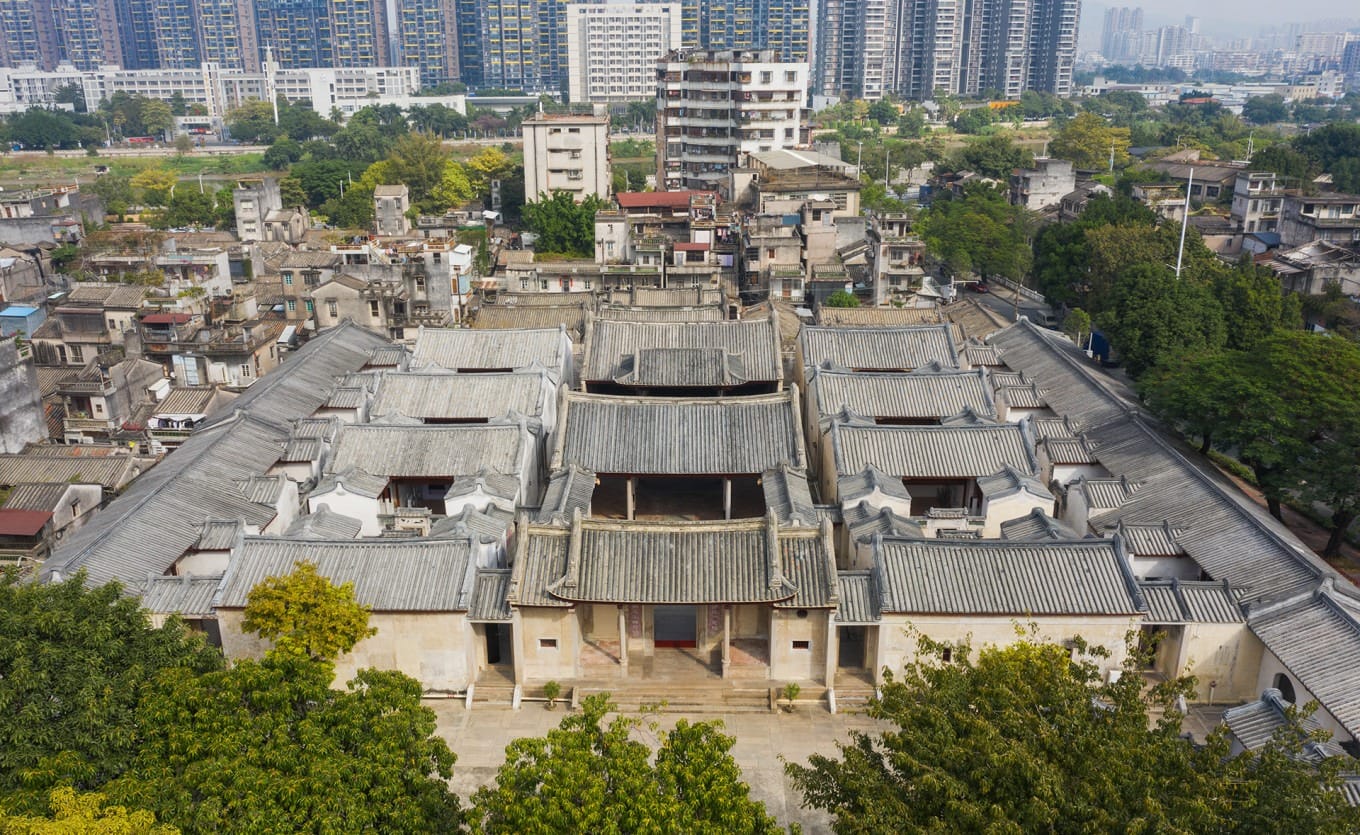 Aerial view showing the Chinese character Xing layout of the ancestral hall