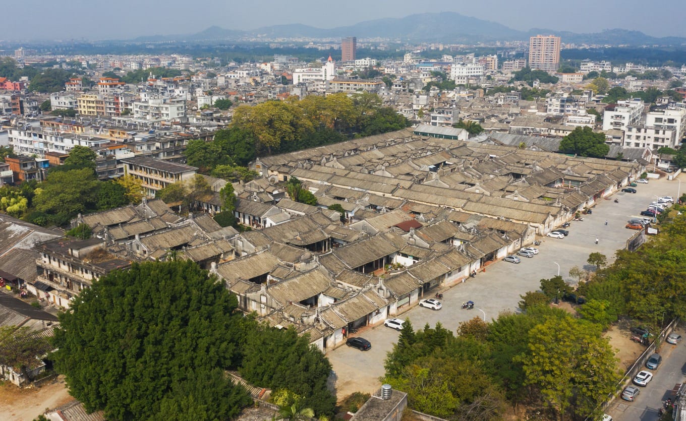 Aerial view of De'anli ancient village complex in Hongyang Town showing full layout