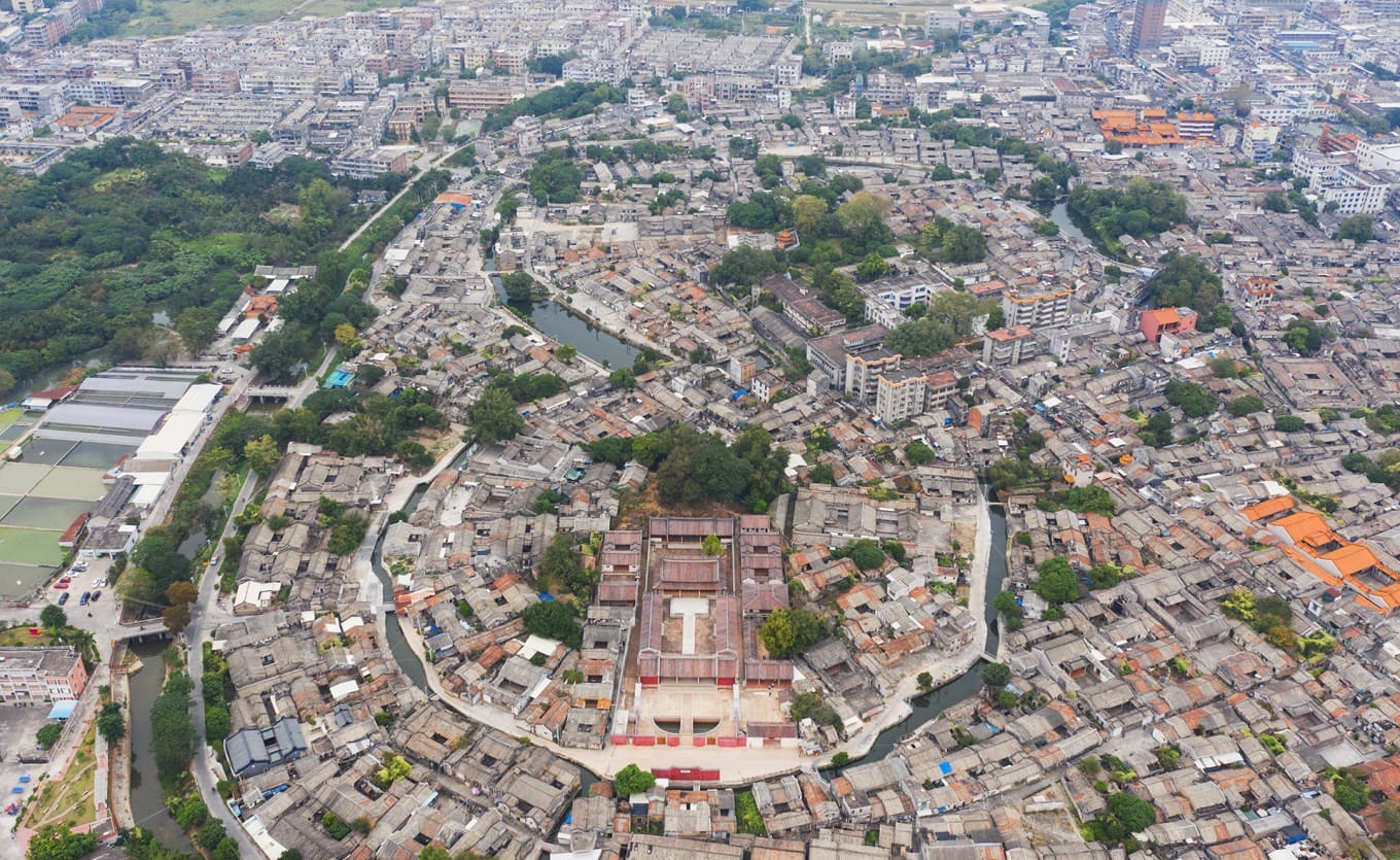 Aerial view of Hongyang Ancient City showing the double-ring river system forming a gourd shape