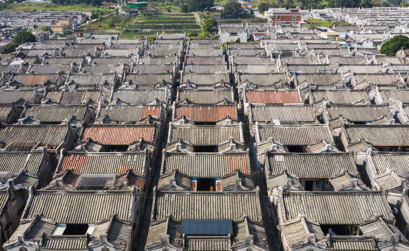 Traditional Chaoshan courtyard houses with grey walls and blue tiles