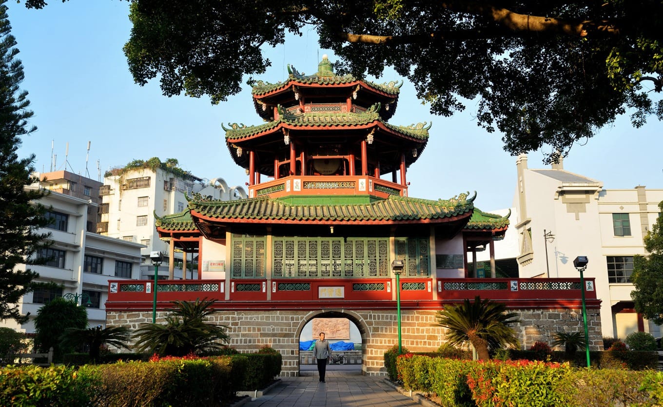 Close-up of the glazed tile roof and decorative details on Jinxian Gate's upper pavilion