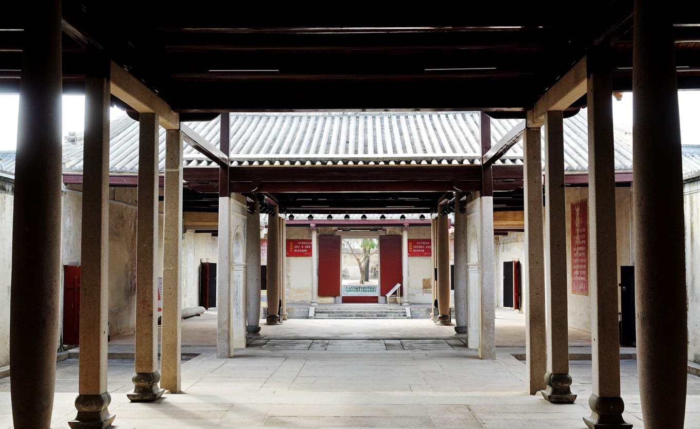 Wooden ceiling and ancestral hall interior with traditional Chaoshan architecture