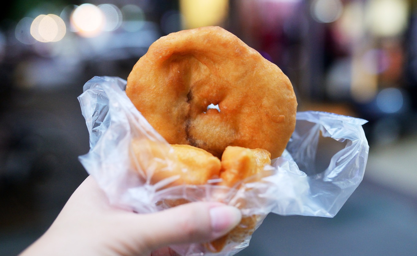 Cross-section of crispy salty-savory pancake revealing fluffy interior texture