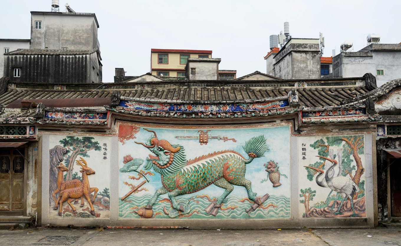 Traditional screen wall with qilin relief carving