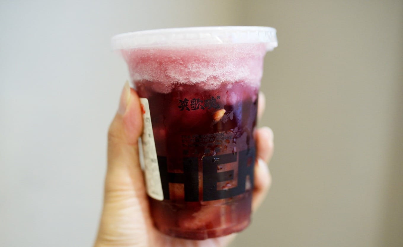 Seasonal Snow Top Grape Ice with fresh grape pieces and cream topping