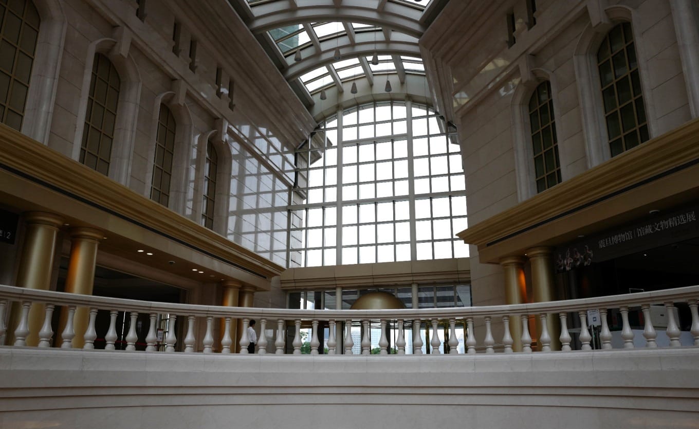View of the museum's spacious gallery hall with exhibits