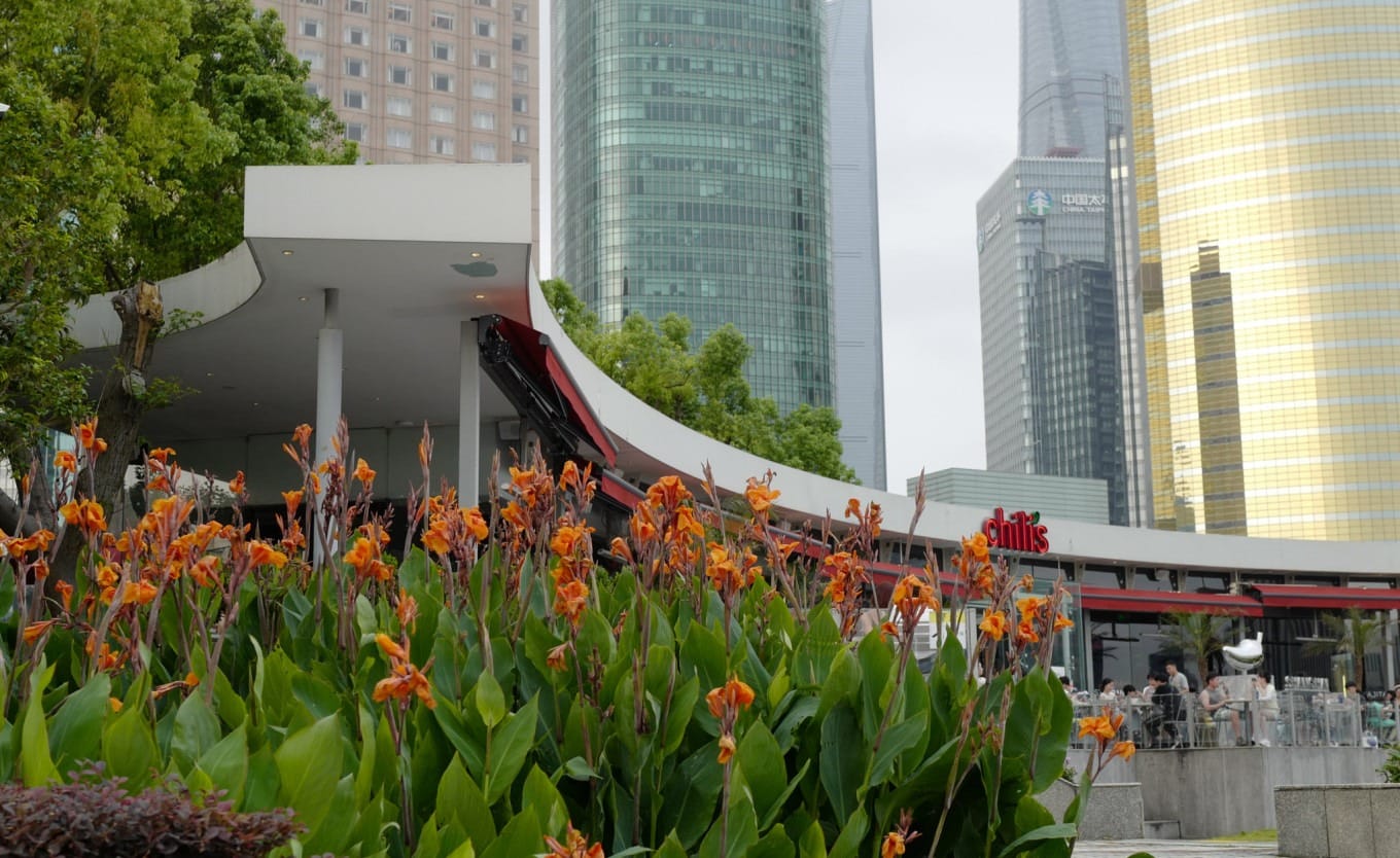 Crowded riverfront restaurant terrace overlooking the Huangpu River in Shanghai
