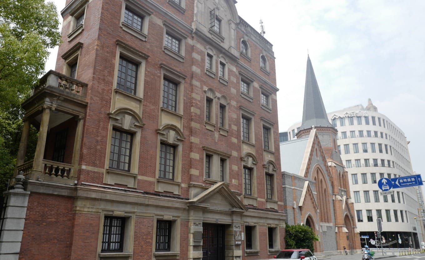 New Union Church with Gothic revival architecture along Suzhou Creek