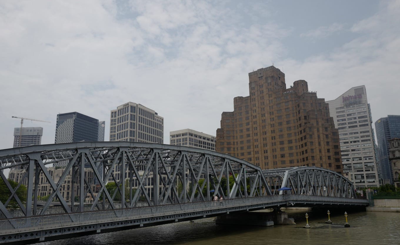 Panoramic view from Waibaidu Bridge showing Huangpu River and Pudong skyline