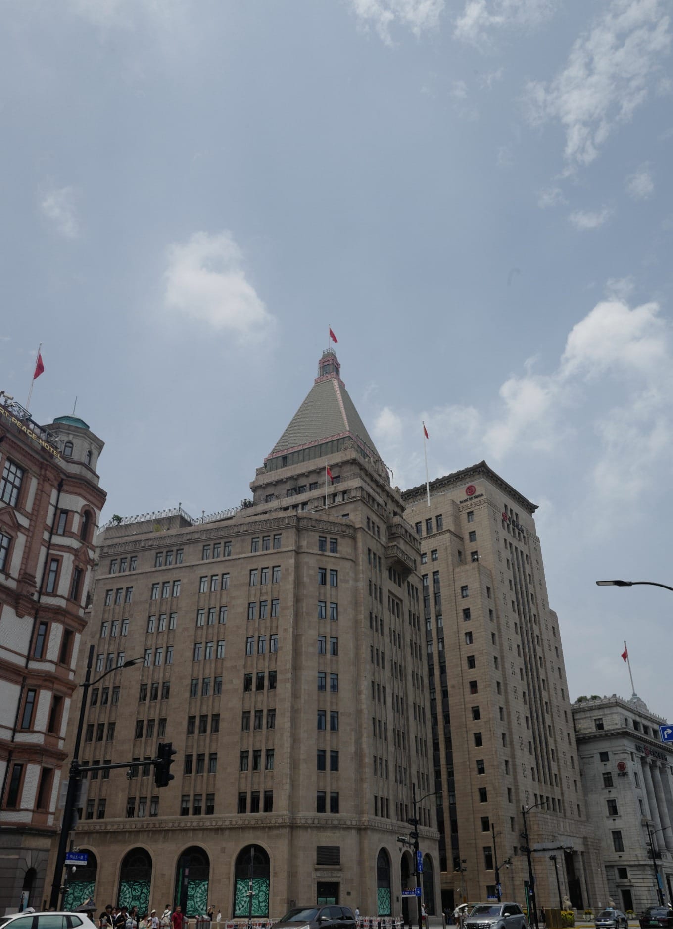 The grand entrance or facade of the Peace Hotel