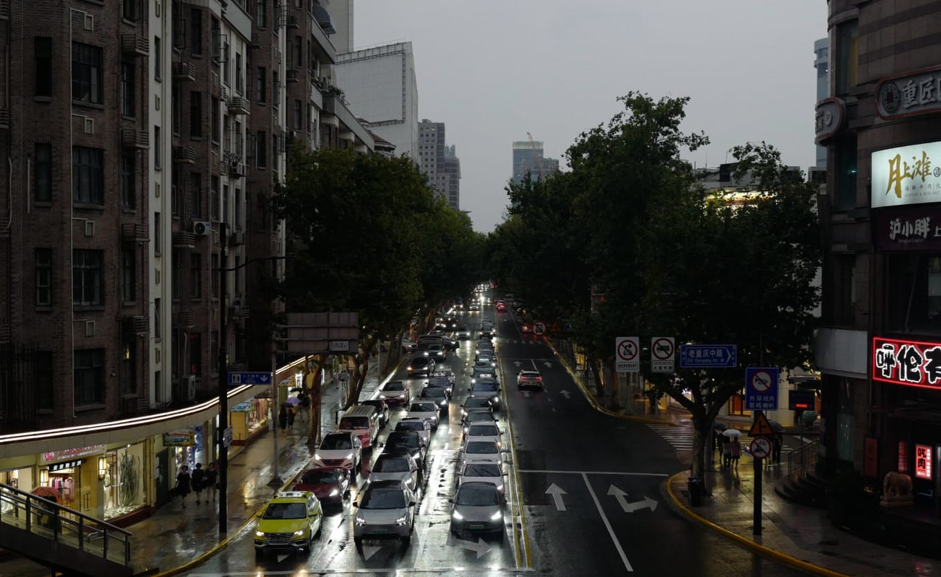 View from an overpass of Shanghai's urban skyline on a rainy day