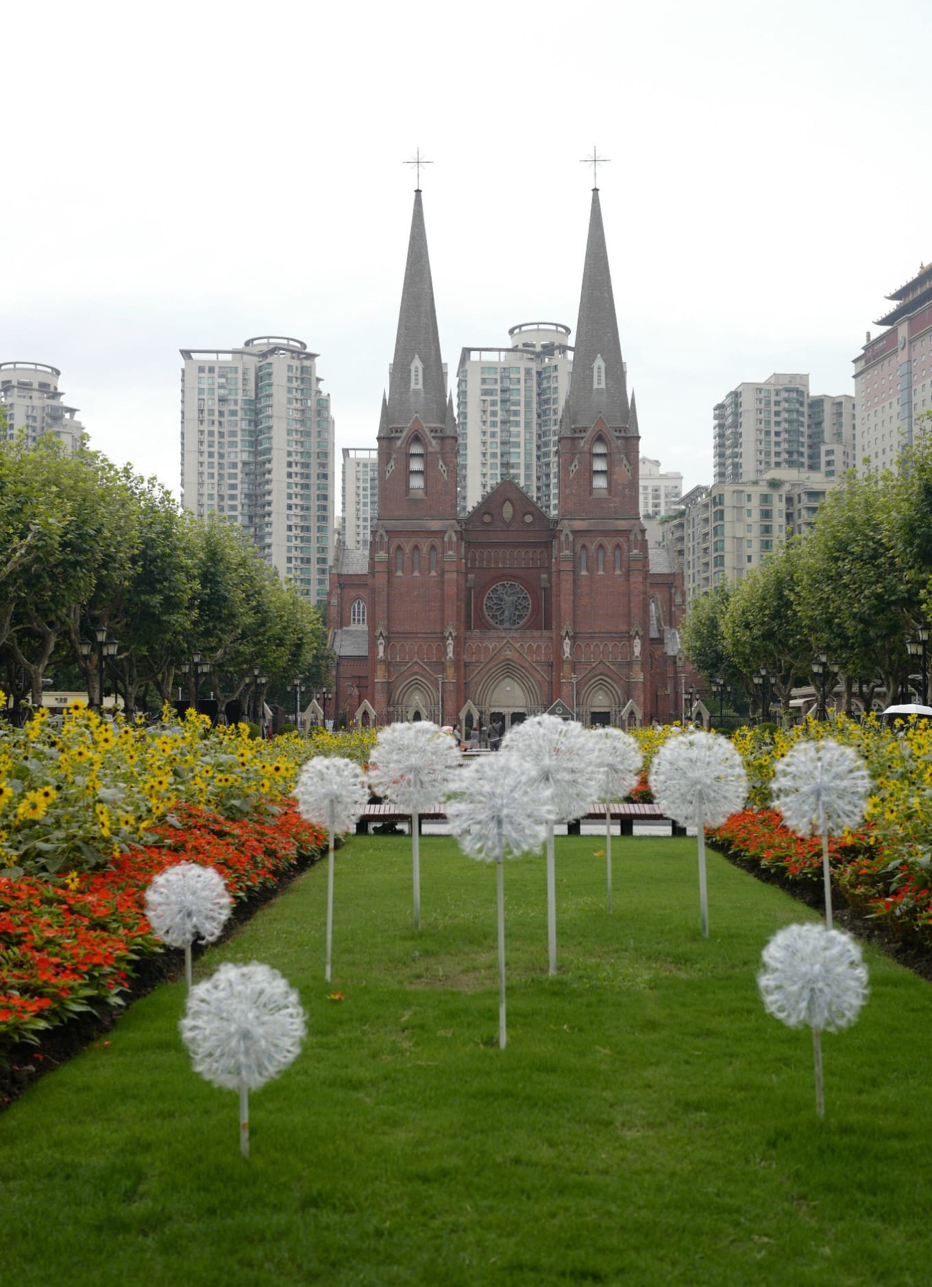 The twin spires and grand facade of the Xujiahui Catholic Church (Xu Jia Hui Tian Zhu Tang)