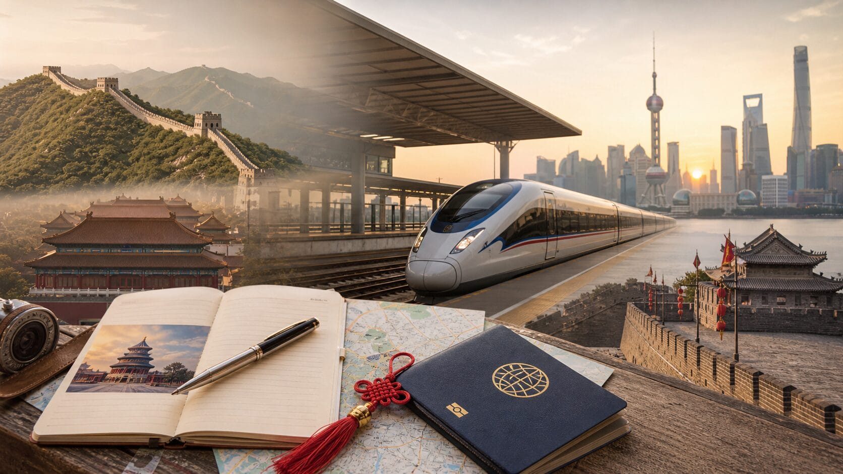 A refined magazine-style 10-day China itinerary map with Beijing, Xi'an, and Shanghai travel scenes