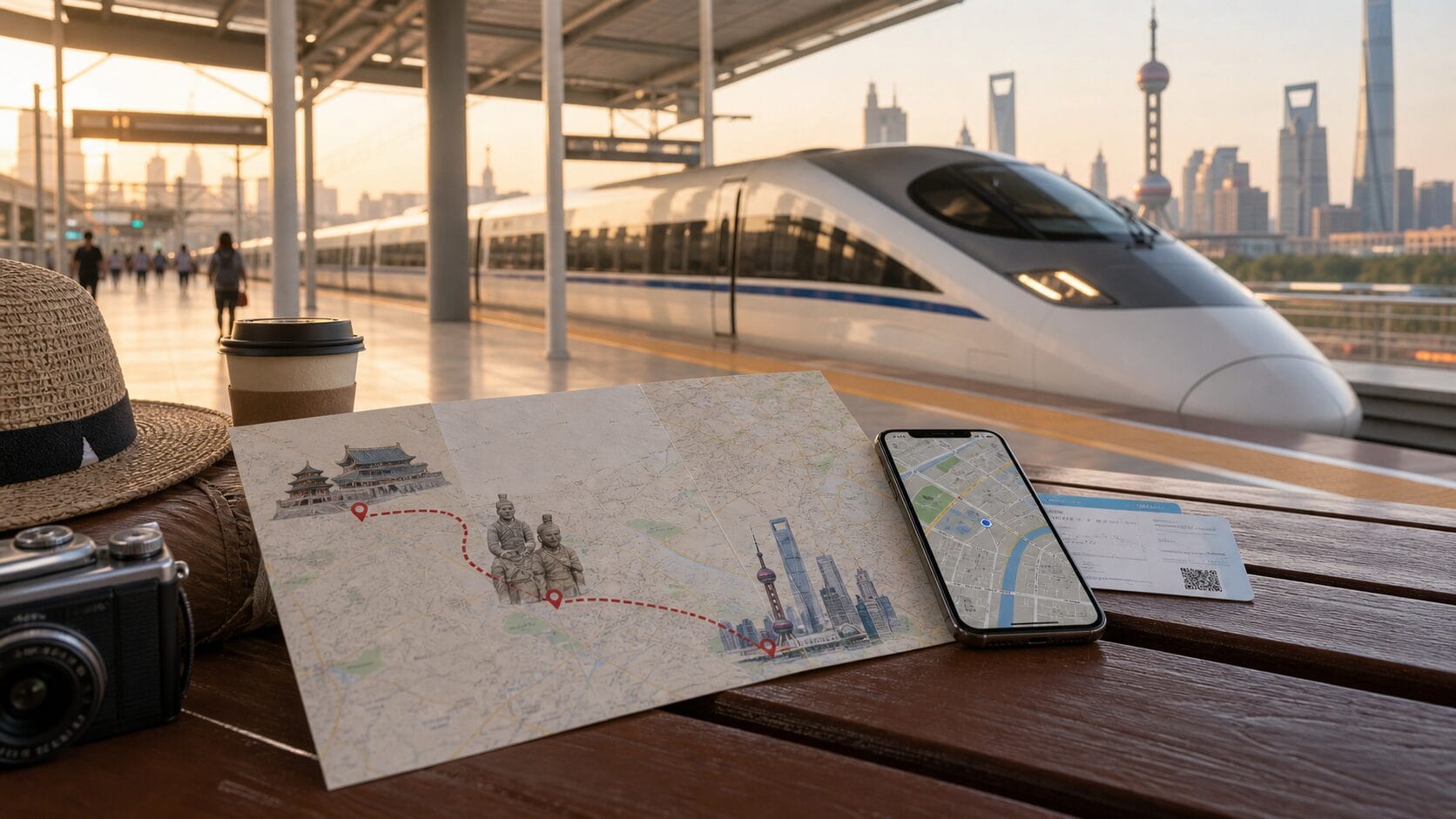 High-speed rail and travel planning items for a Beijing, Xi'an, and Shanghai itinerary