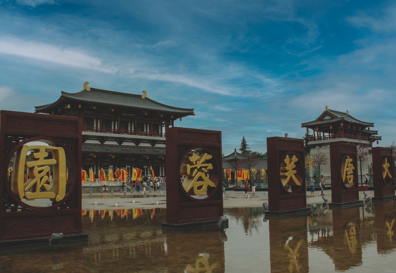 Panoramic view of Tang Paradise with traditional Tang-style architecture and lake