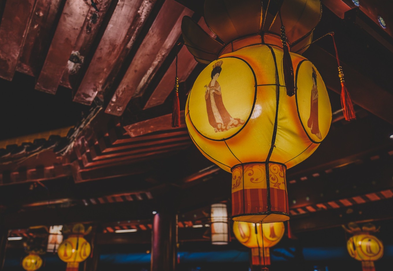 Tang Dynasty-style architecture with red pillars and golden roof