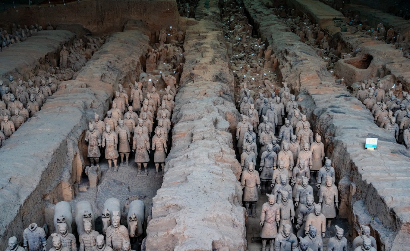 Close-up of terracotta warriors showing detailed facial features