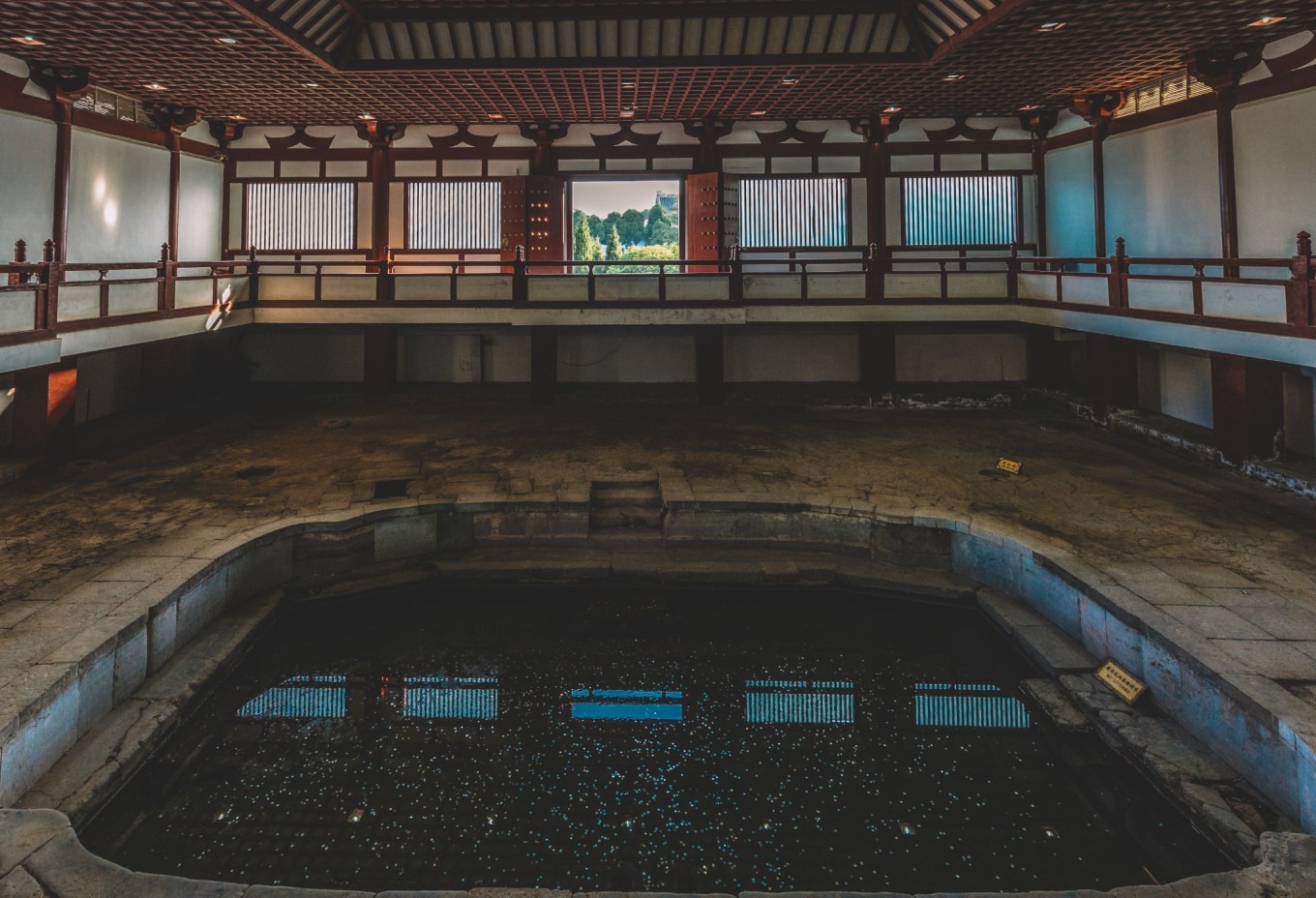 Steaming hot spring vent with lush greenery around