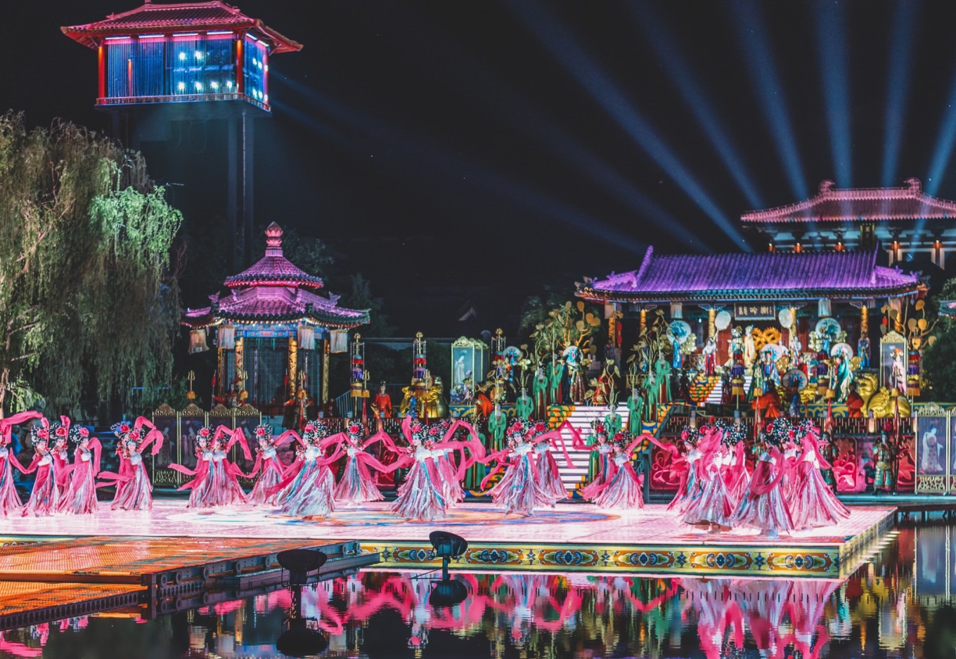 Scene from 'The Song of Everlasting Sorrow' performance with dancers and palace backdrop