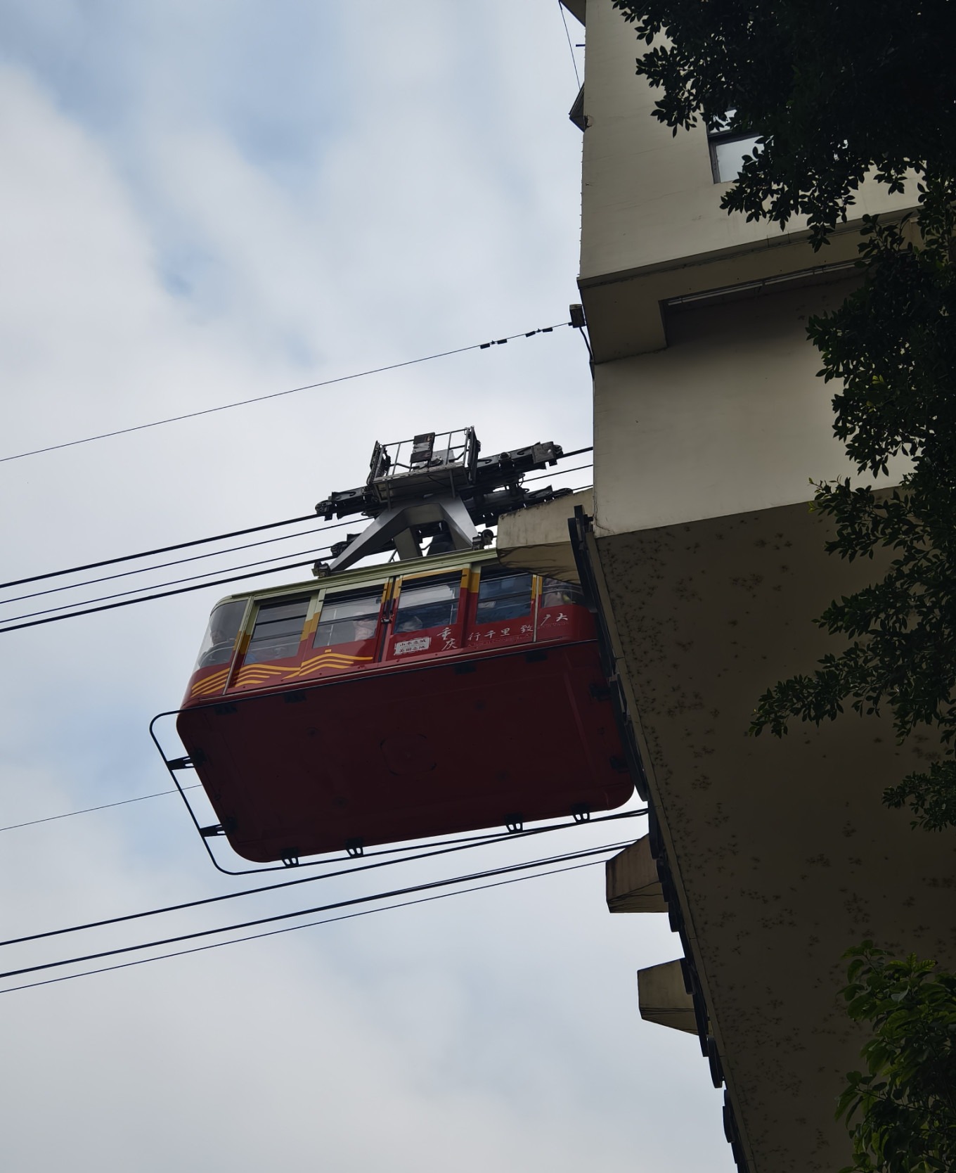 Yangtze River Cableway car crossing the river with city skyline in background