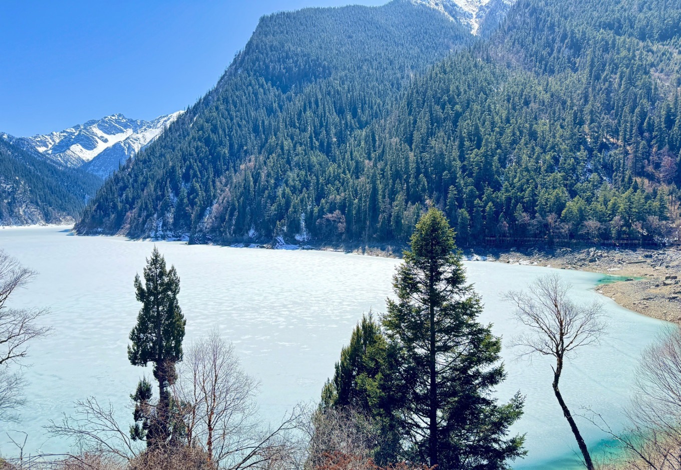 Long Lake surrounded by snow-capped peaks