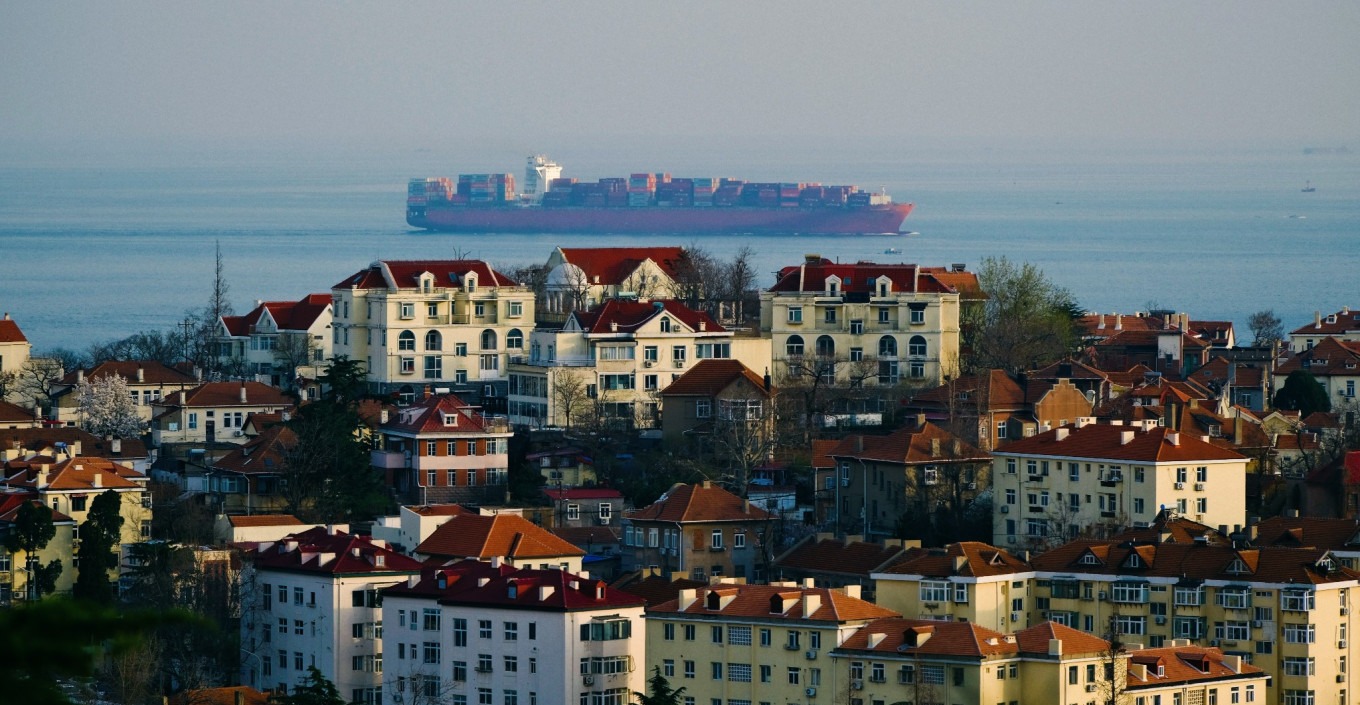 Red-tiled roofs of old buildings in Qingdao