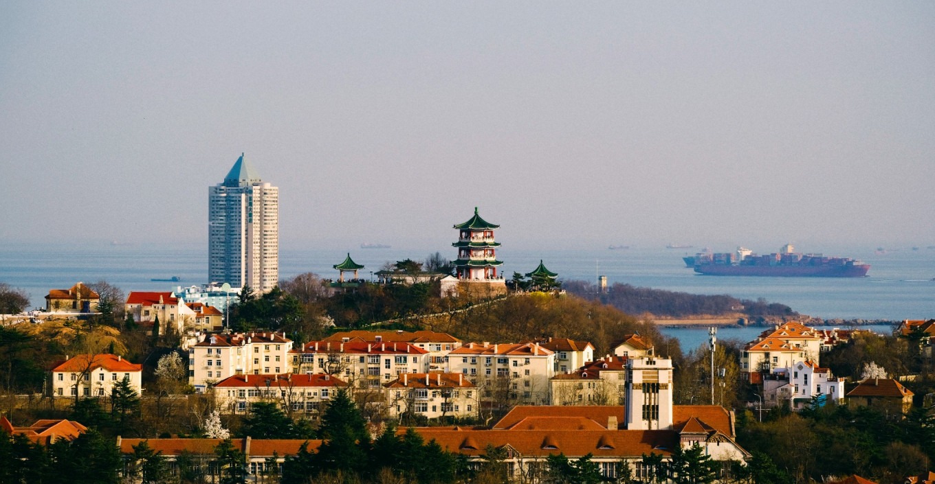 Panoramic view of Qingdao coastline from Signal Hill