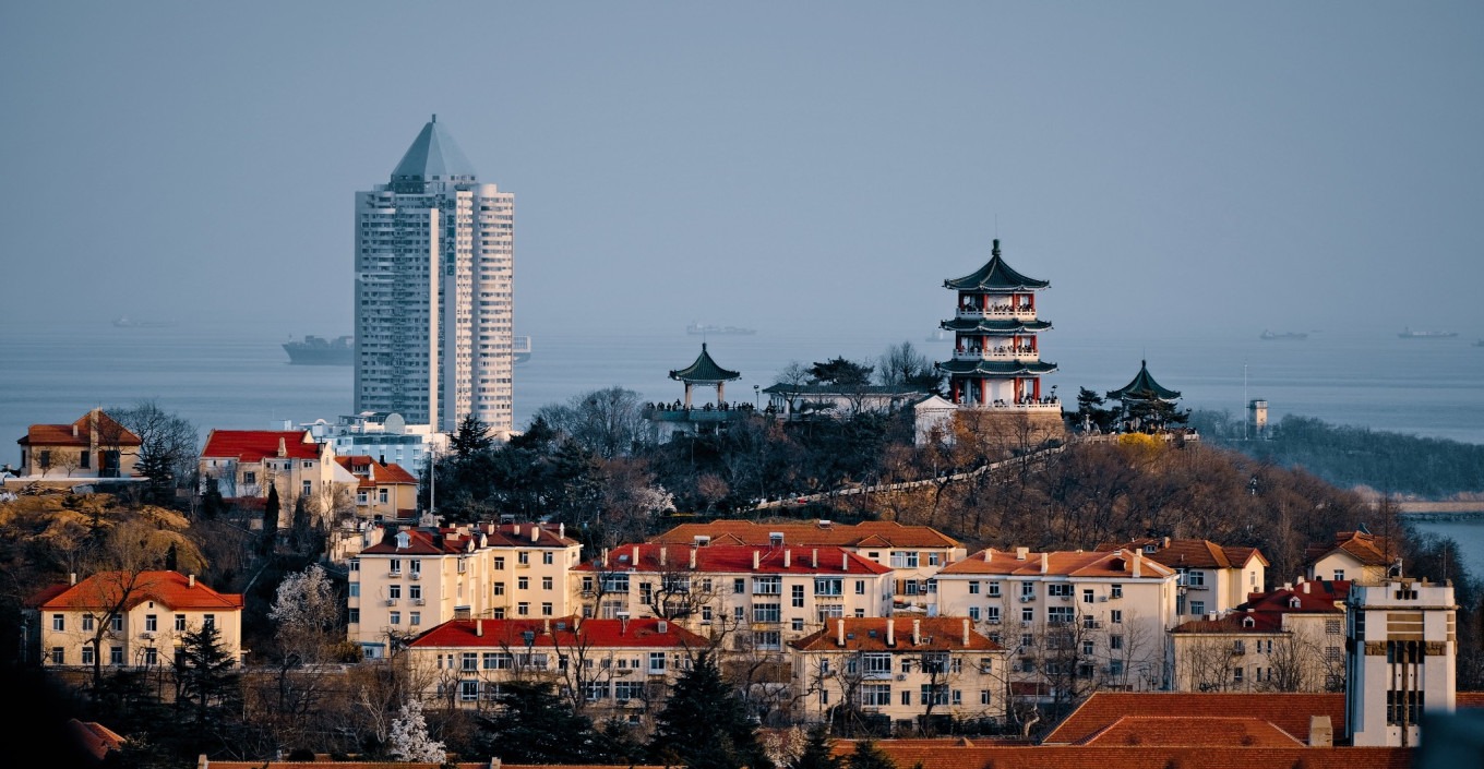 Colorful sky at dusk over Qingdao from Signal Hill