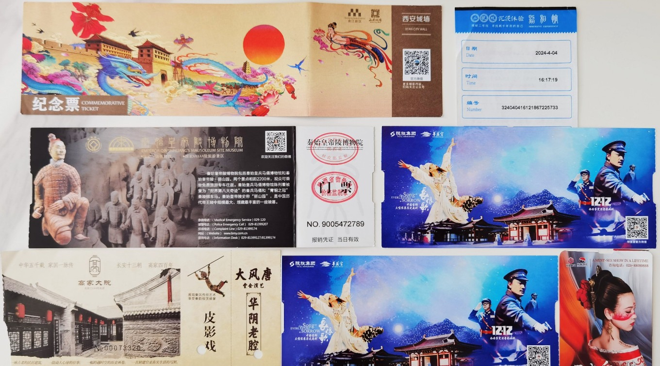 Souvenir ticket collection from Xi'an attractions
