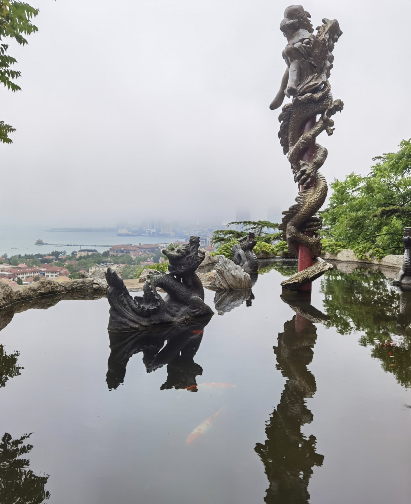 Panoramic view of Qingdao's red-roofed buildings from Signal Hill observation deck