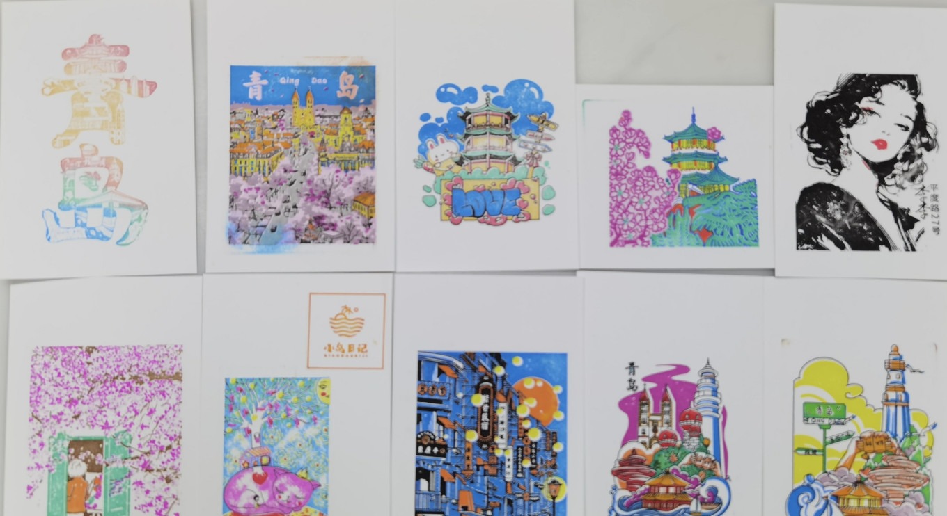 Stamps arranged on a page showing beer bottles and waves