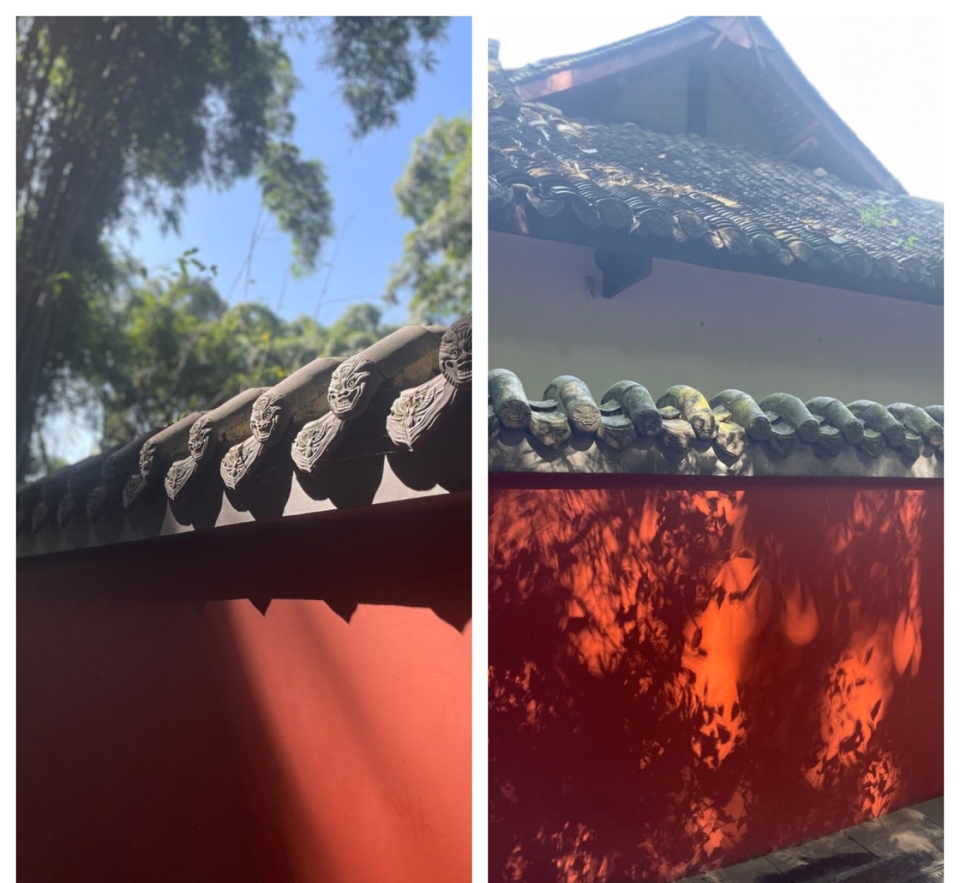 Red wall with bamboo shadows at Du Fu Thatched Cottage