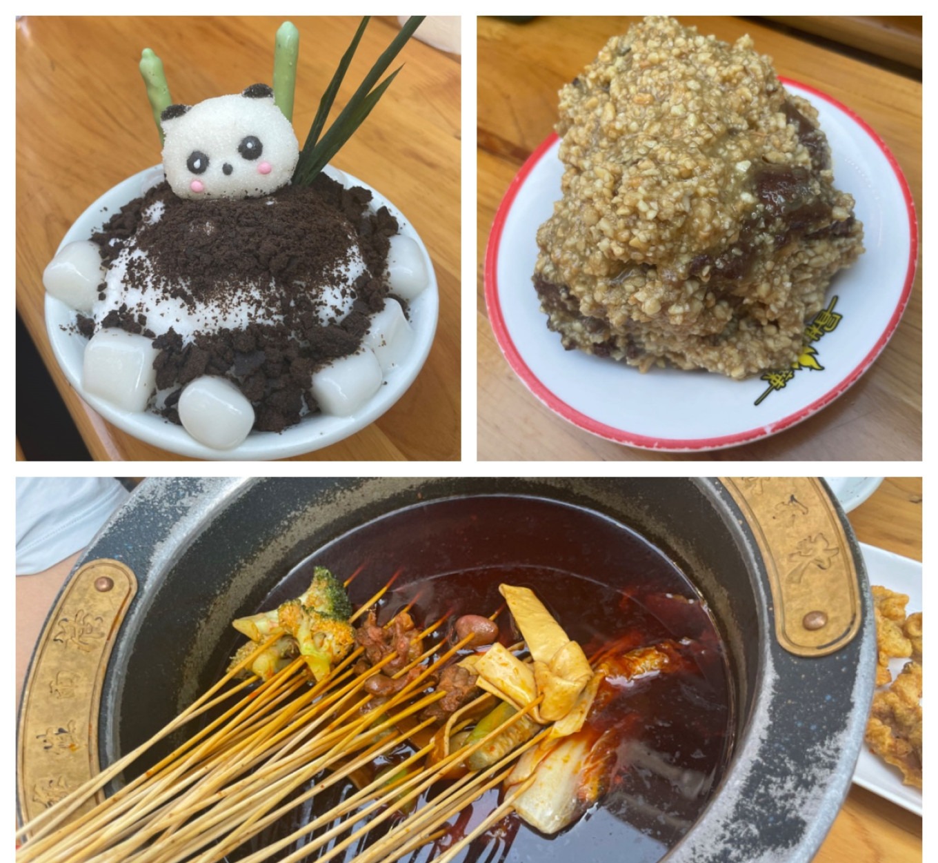 Assorted dishes including rabbit head, coconut ice, and spicy skewers