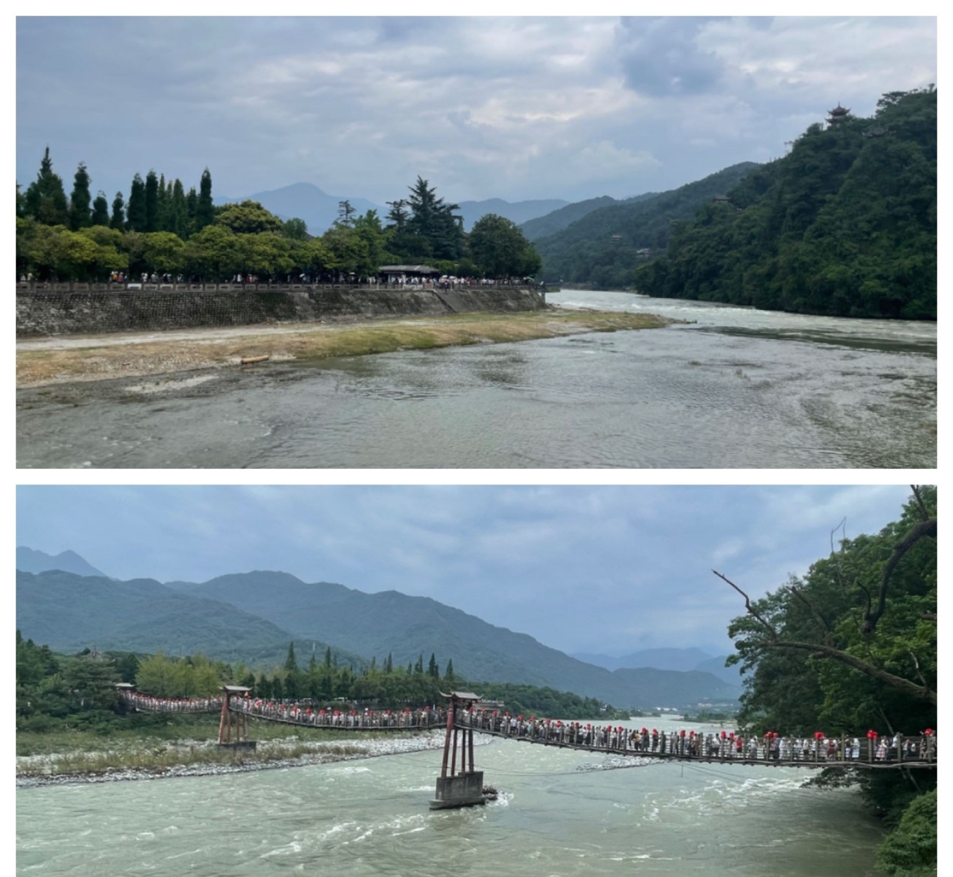Small suspension bridge over the river at Dujiangyan
