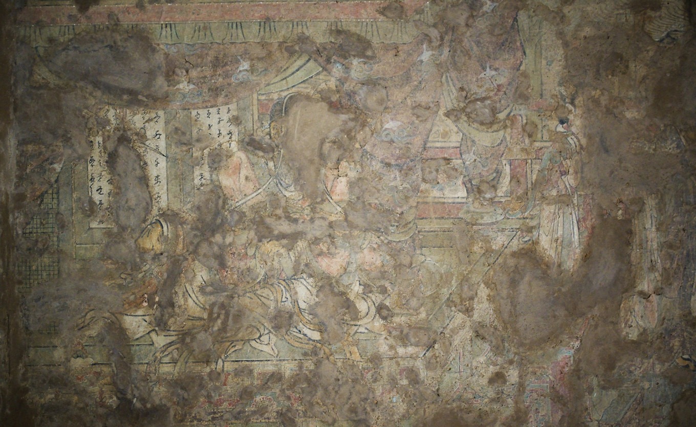 Mural detail of bodhisattva, heavenly king, arhat, and apsara
