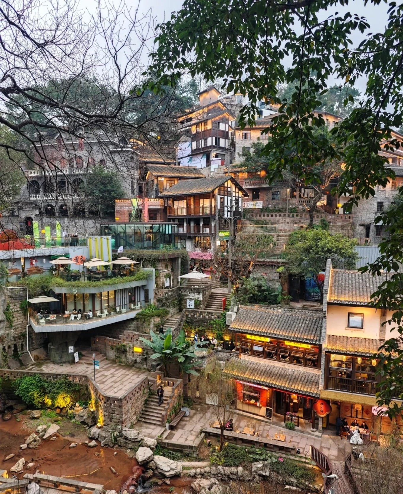 View of Xiahao Old Street in Chongqing featuring traditional architecture and stone steps