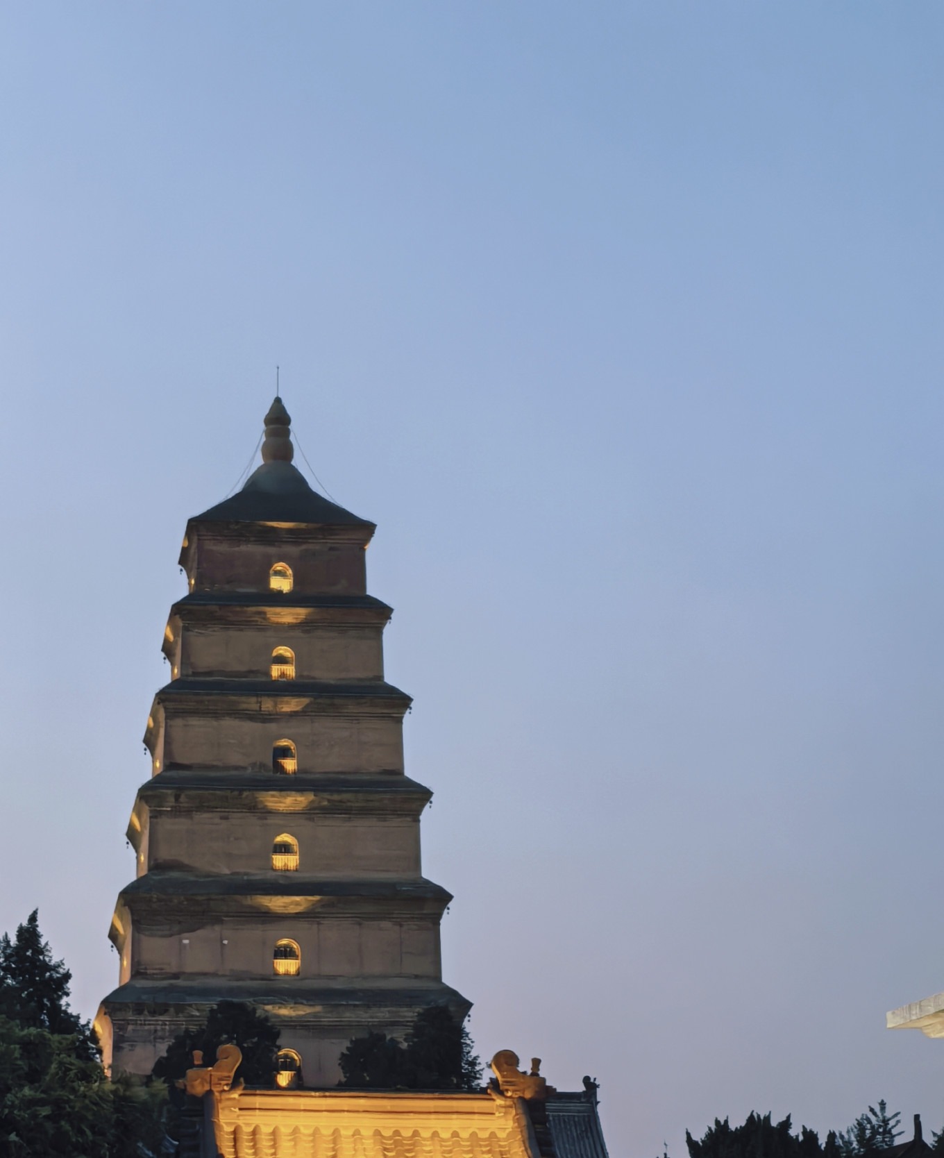 Dayanta South Square with the Wild Goose Pagoda lit up at dusk