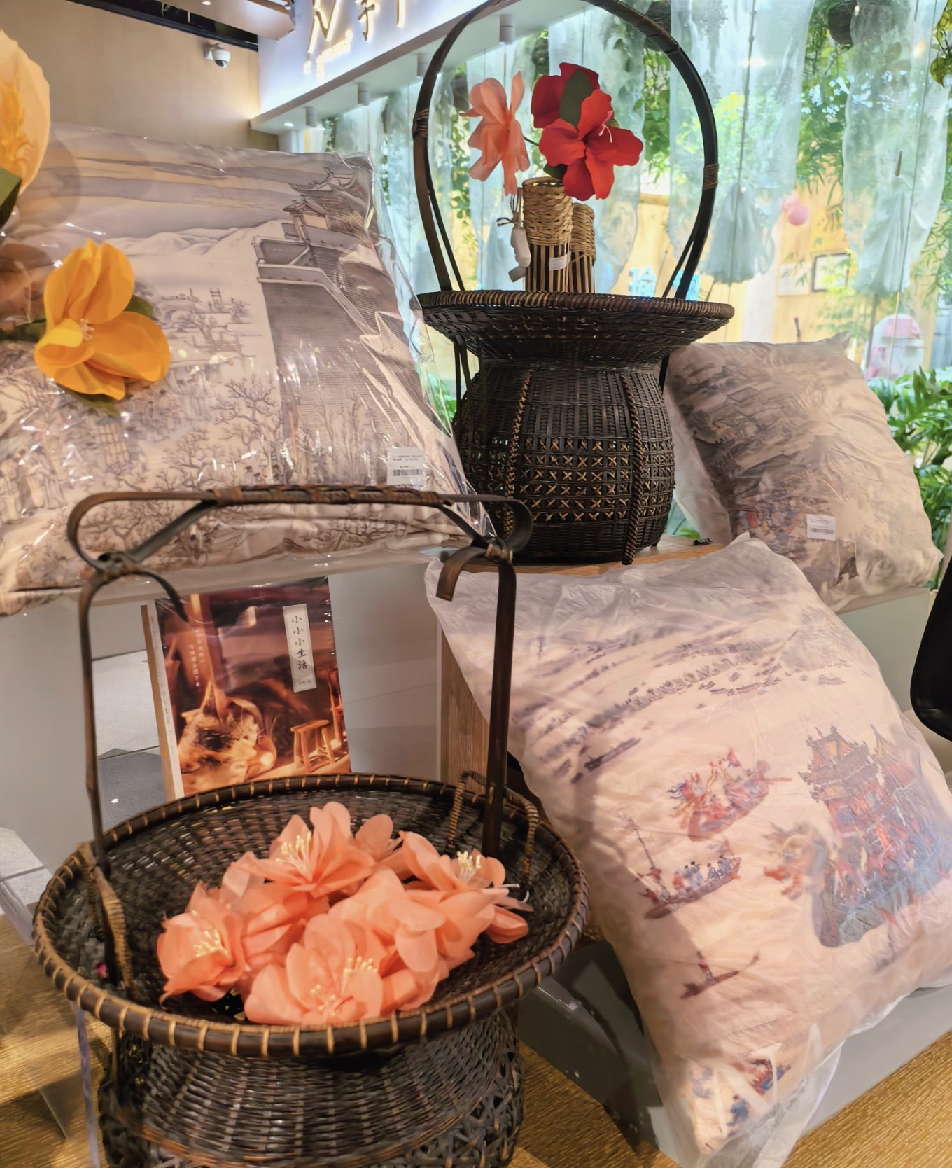 Bamboo-woven flower baskets for sale at the bookstore