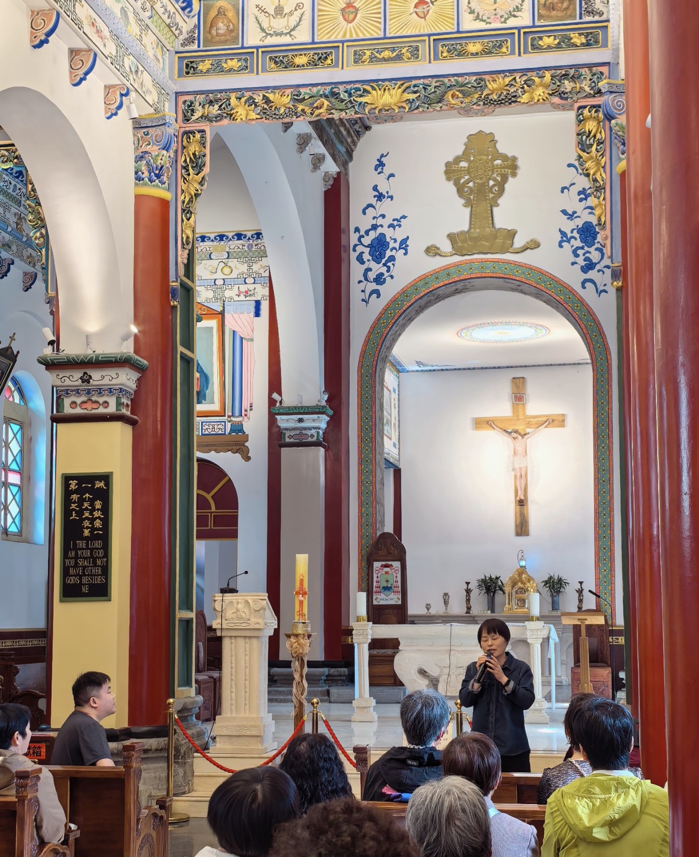 Interior view of the cathedral showing altar and pews