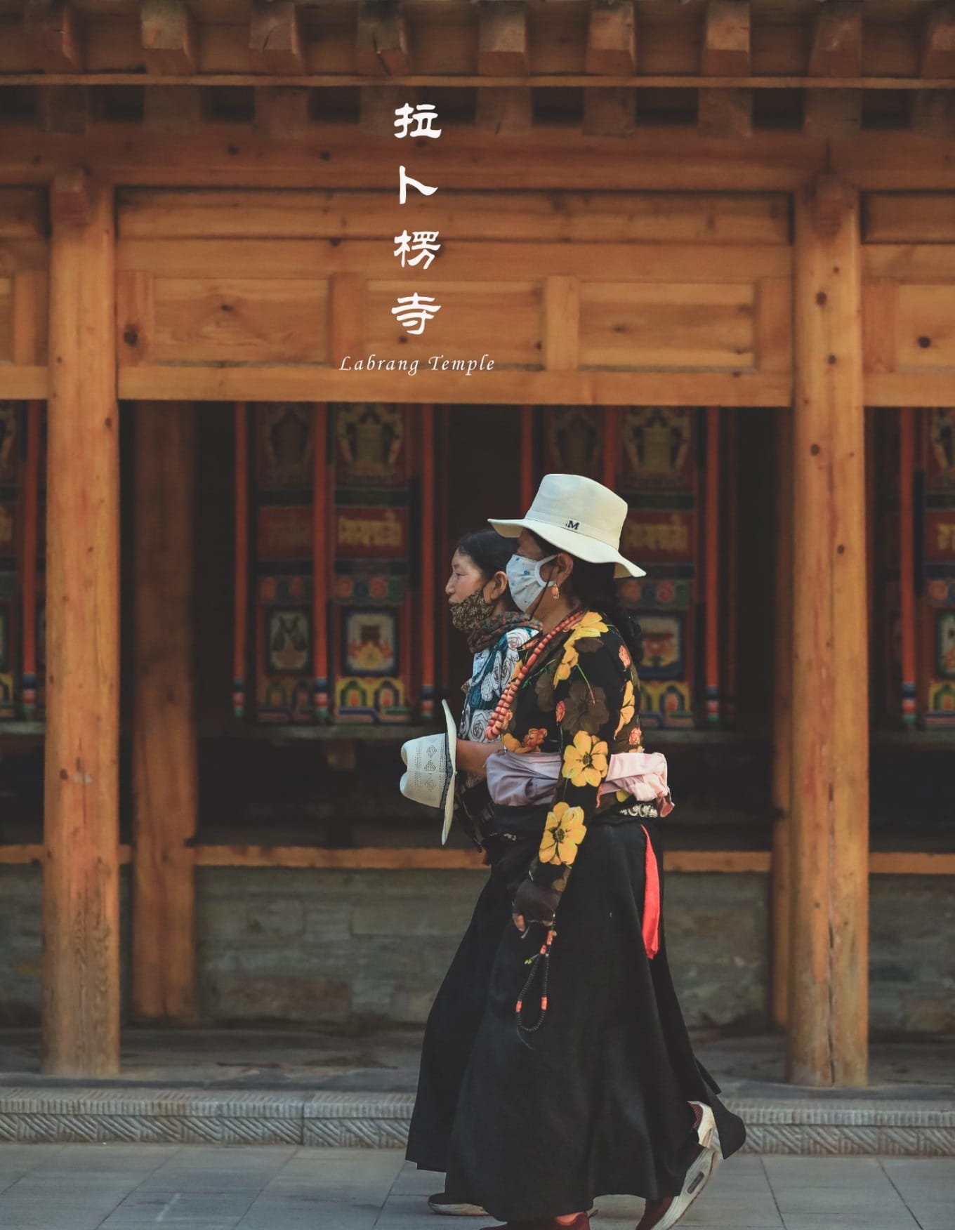 Wide view of the prayer wheel corridor with the monastery in background