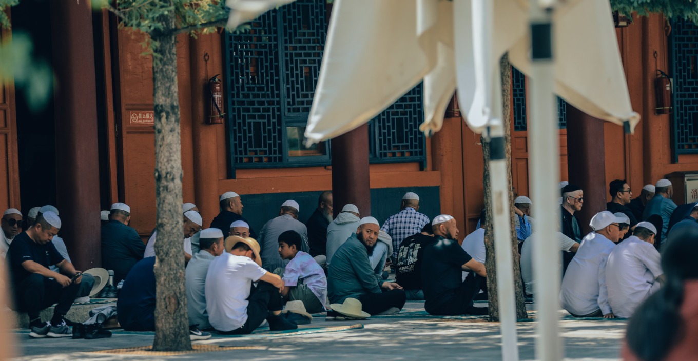 Prayer mats laid out in the square for overflow worshippers