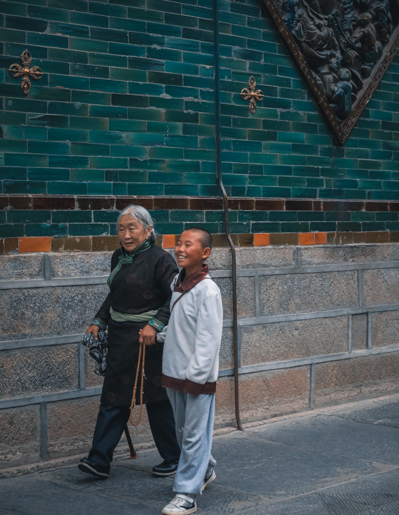Young monk walking with a serene expression