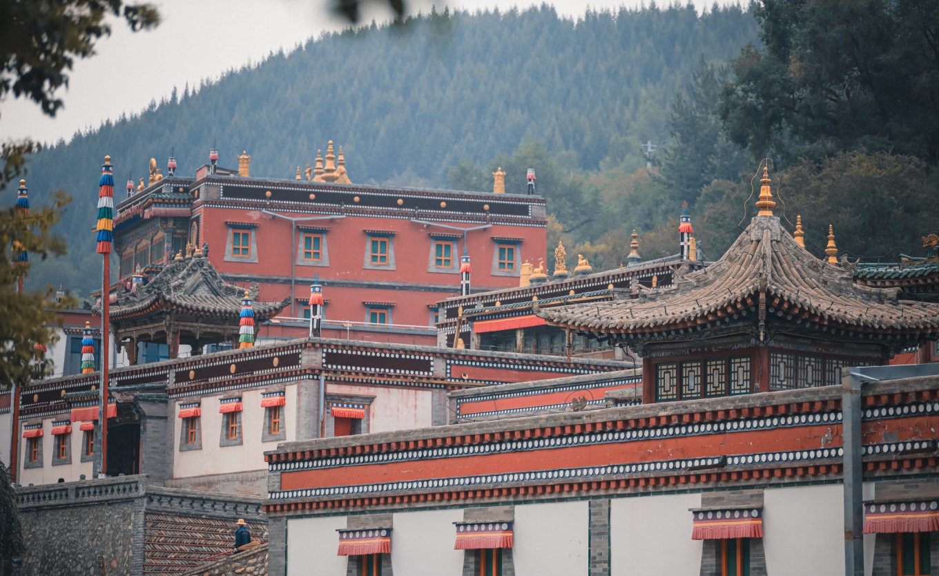 Morning light illuminating temple roofs
