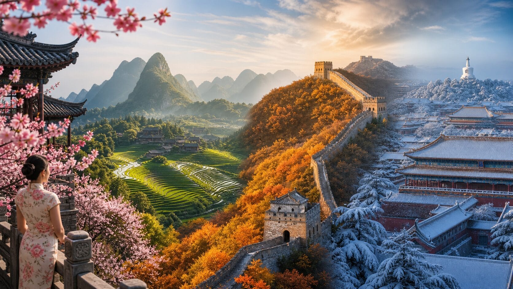 Four-season China travel scenes with spring blossoms, summer terraces, autumn Great Wall hills, and winter snow