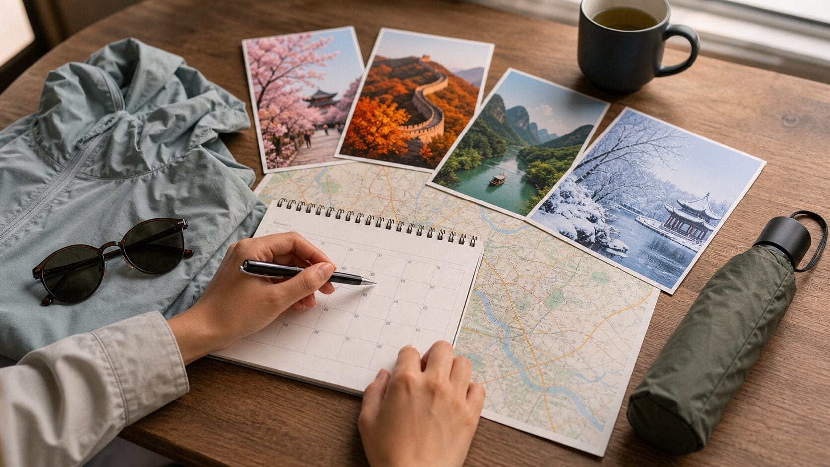China travel season planning desk with calendar, route map, light jacket, sunglasses, umbrella, and seasonal photo cards