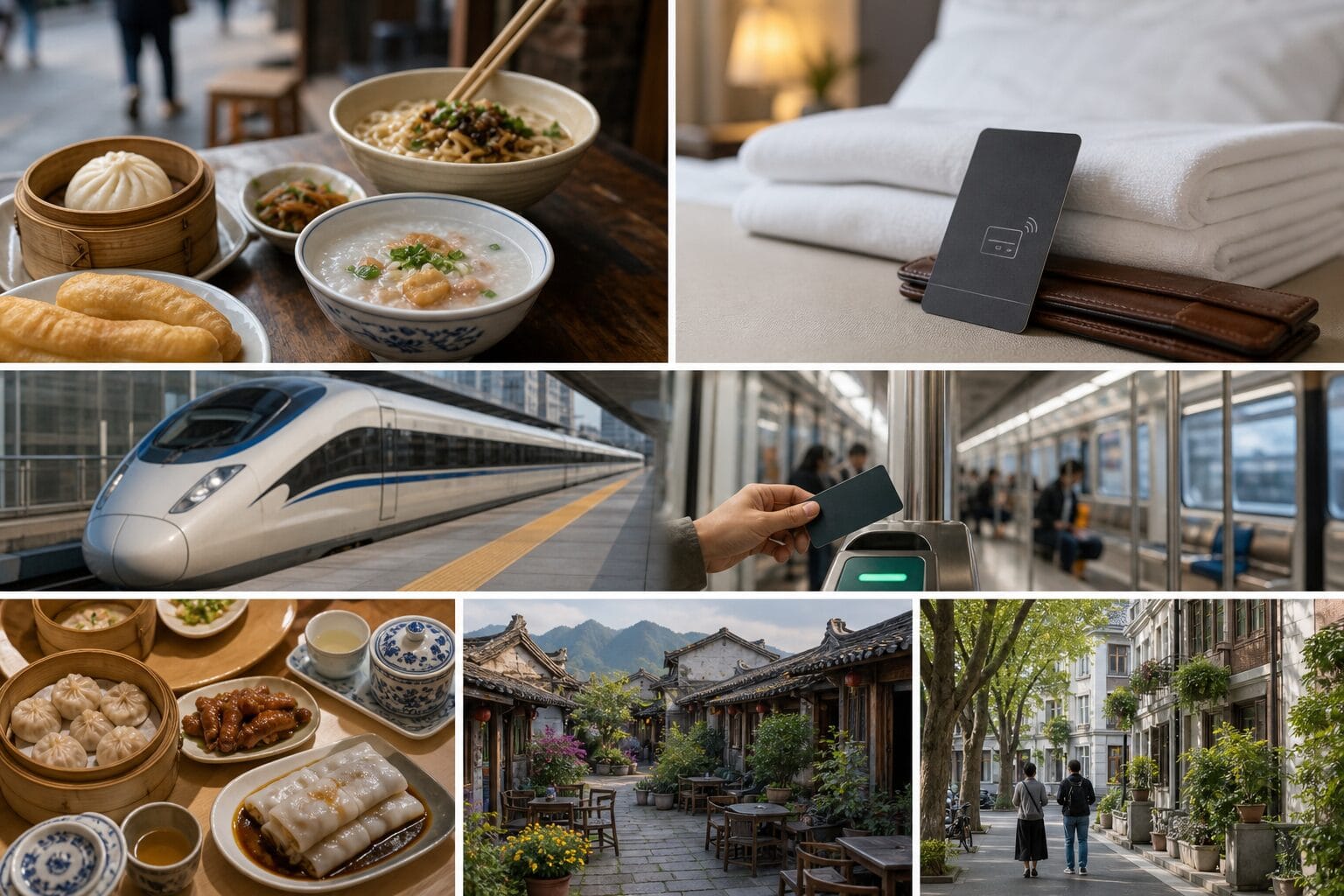 China trip budget visual showing local food, hotel comfort, rail transport, metro, Guangdong food, Yunnan slow travel, and Shanghai walks