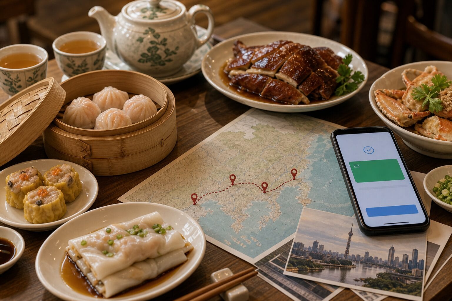 Guangdong food travel budget with dim sum, tea, seafood, roast goose, route map, and mobile payment